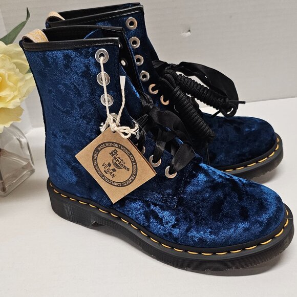 New Dr Martens Womens Vegan 1460 Blue Crushed Velvet Lace Up Boots Shoes 7